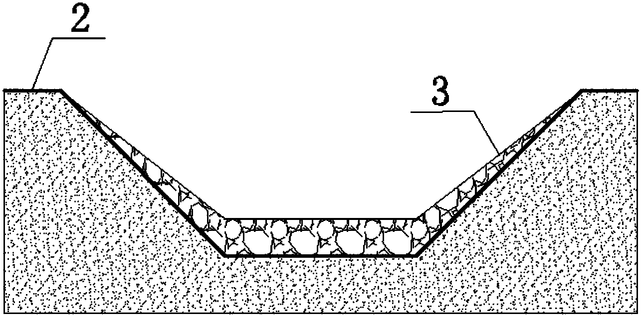 摘要 本发明公开了一种用于强降雨区域露天矿山的防渗排水沟,含有梯形