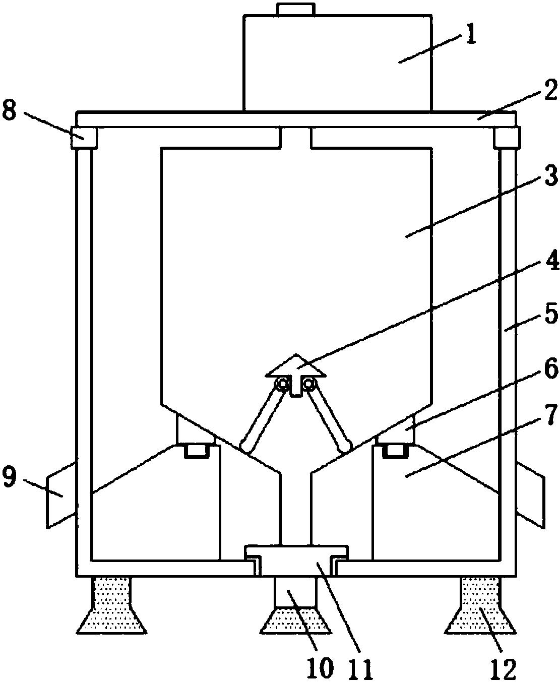 种制药用三足式过滤离心机,包括主箱体,所述主箱体的顶端安装有支撑环