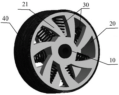 所述轮胎包括轮毂,整体式的弹性轮辐与轮辋,金属弹簧,弹簧套筒,橡胶胎