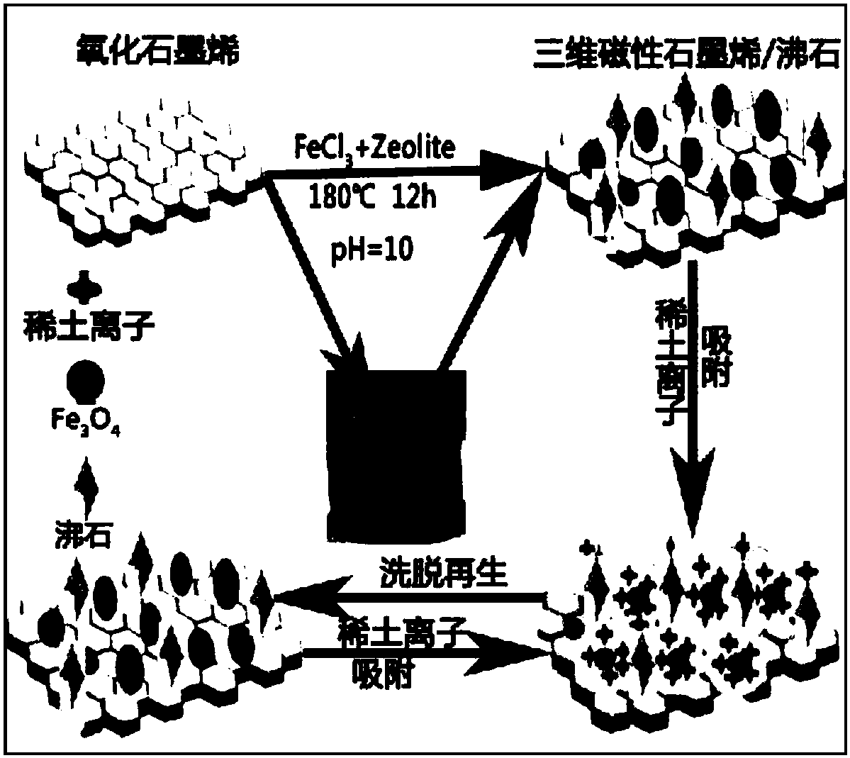 一种高效再生吸附稀土离子的三维磁性石墨烯沸石材料的制备方法