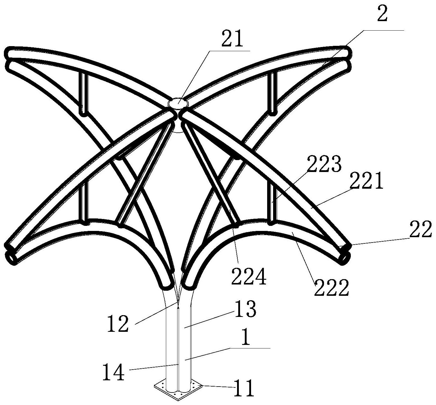 一种伞形钢管束柱及安装方法,所述伞形钢管束柱包括:钢管束支撑结构