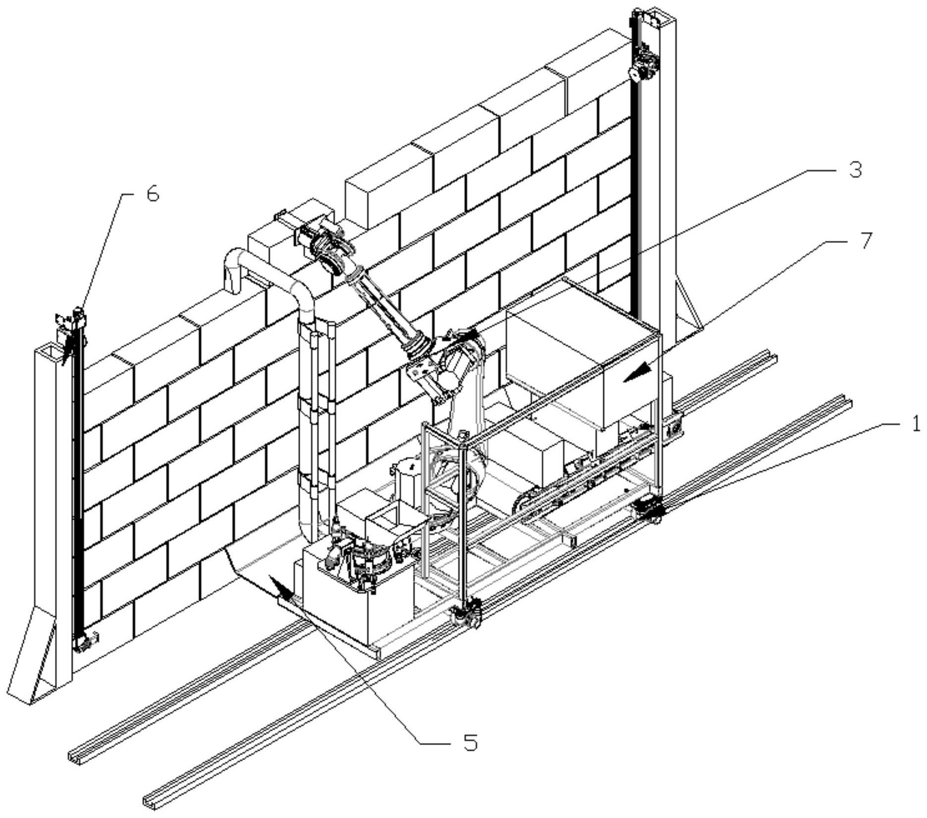所述自动砌墙机器人包括机器人行走机构,砌块传输机构,砌筑机械臂