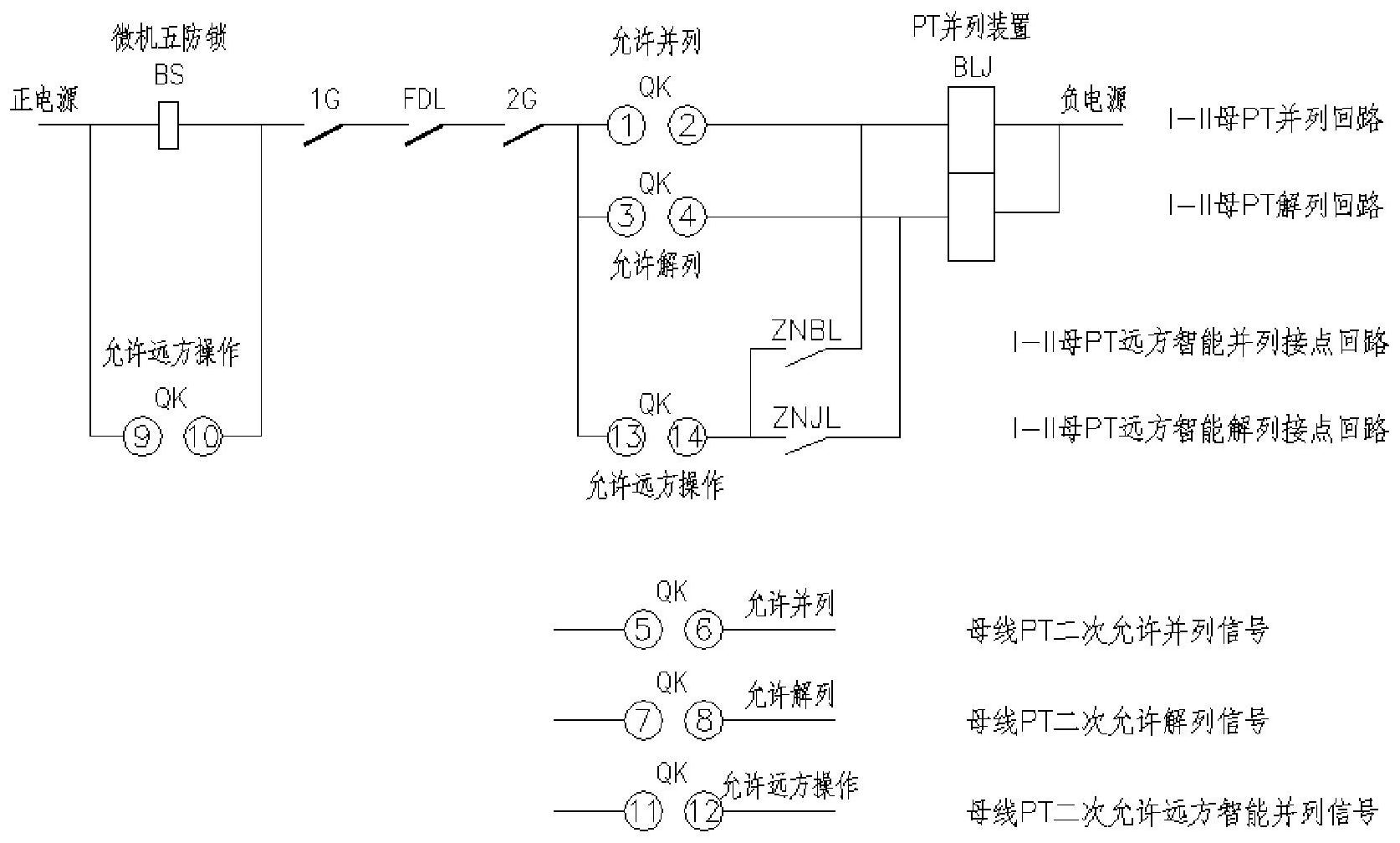 隔离开关1g辅助接点,隔离开关2g合位辅助接点及母线pt并列继电器blj的