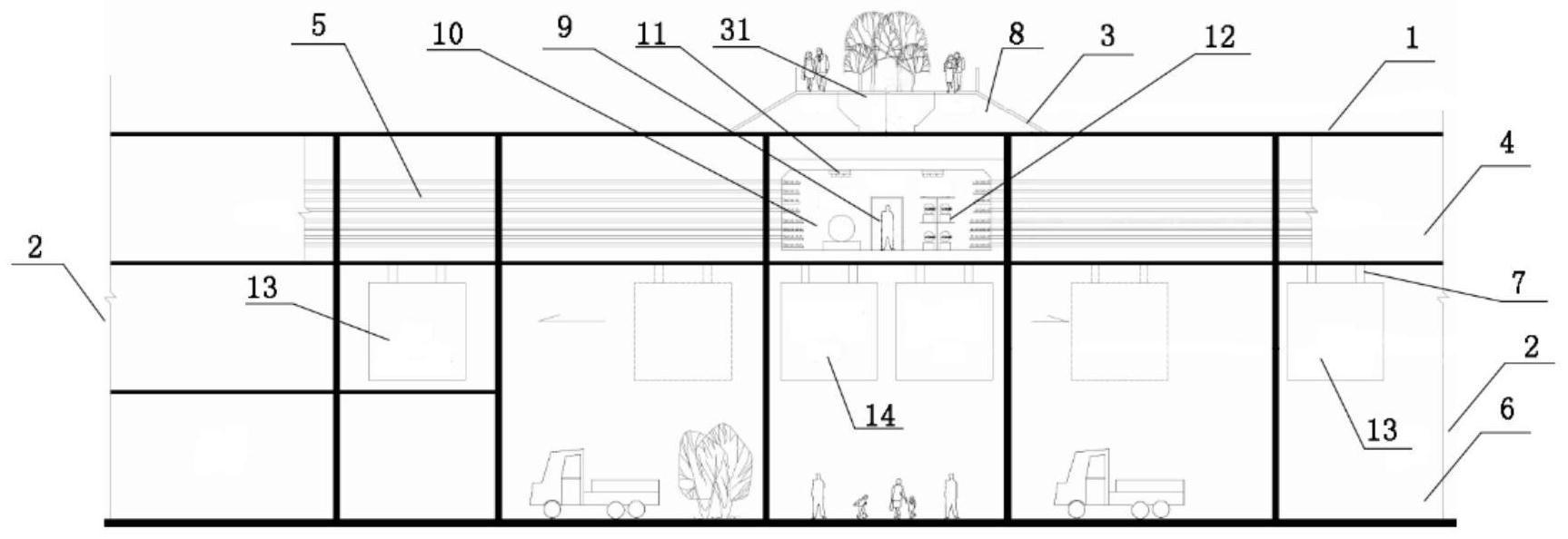 本发明提供一种综合集成建筑结构,涉及工业园区设计技术领域,包括