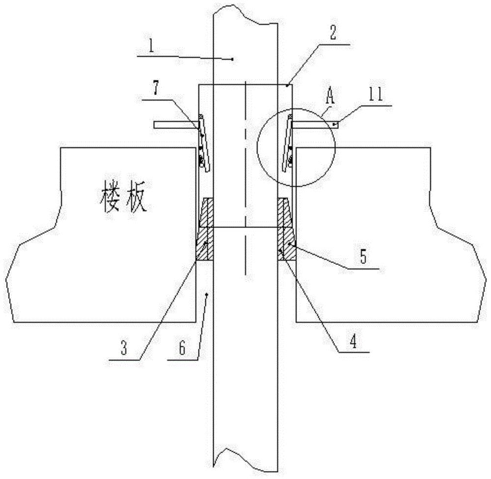 消防立管施工安装结构及安装方法,包括消防立管,钢套管和钢套管限位件