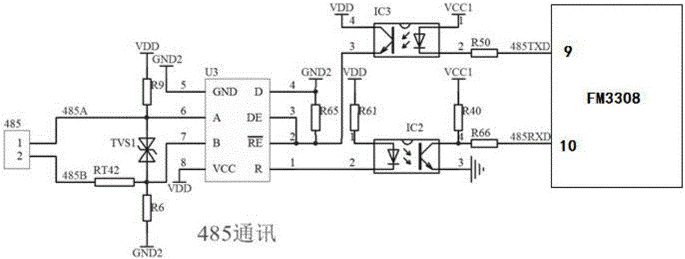 光电耦合器ic3和电阻r65组成的rs485通讯接口的使能,发送电路,由电阻