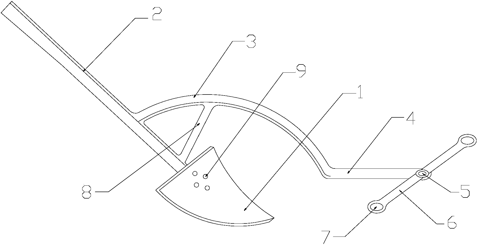 本实用新型公开了一种耕地用农具,包括犁头,扶杆,曲臂,拉杆,和横杆