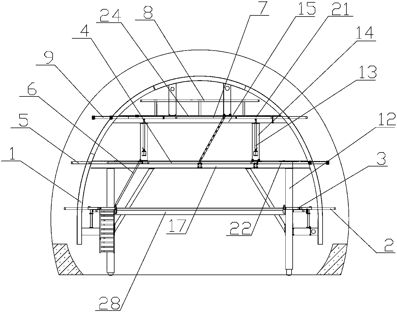 cn207715162u_一种具有绑扎钢筋装置的隧道防水板铺挂台车有效