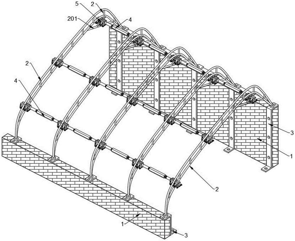 cn209914593u_一种纵横骨架水平作用支撑的温室大棚用锚固式梁架支撑