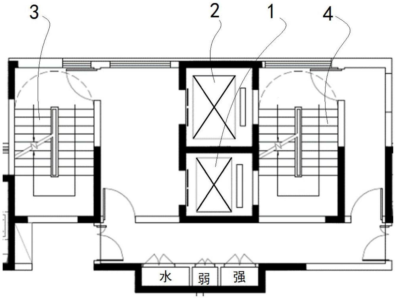 住宅交通核包括并排且紧邻设置的客运电梯和消防电梯,所述客运电梯和