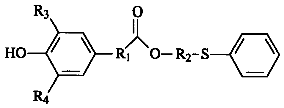 化学名称为3,5-二烷基-4-羟基苯基)羧酸苯硫基烷基酯,结构为右式,其中
