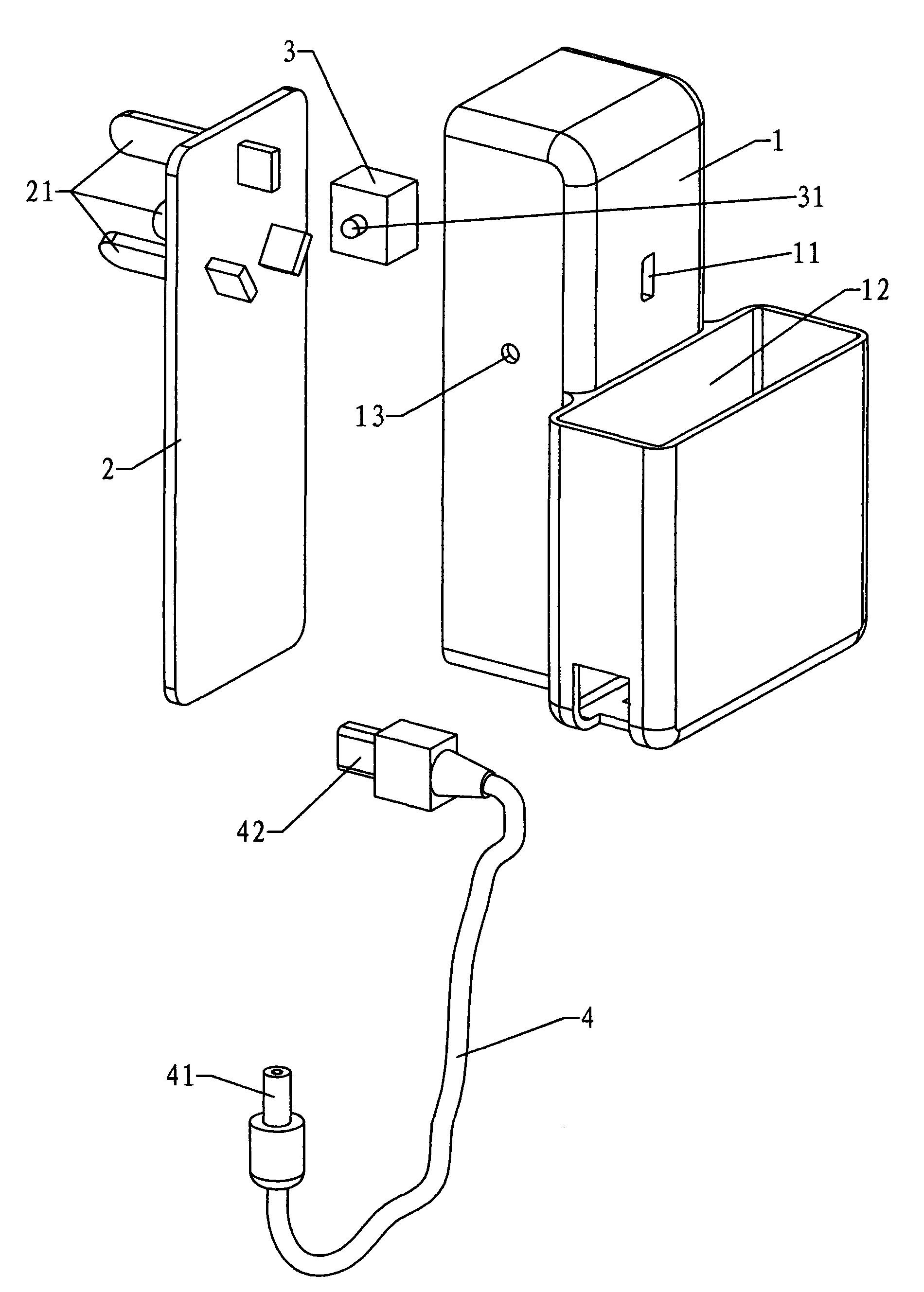 本发明涉及一种使用方便,结构简单的充电器,包括壳体,充电电源和充电