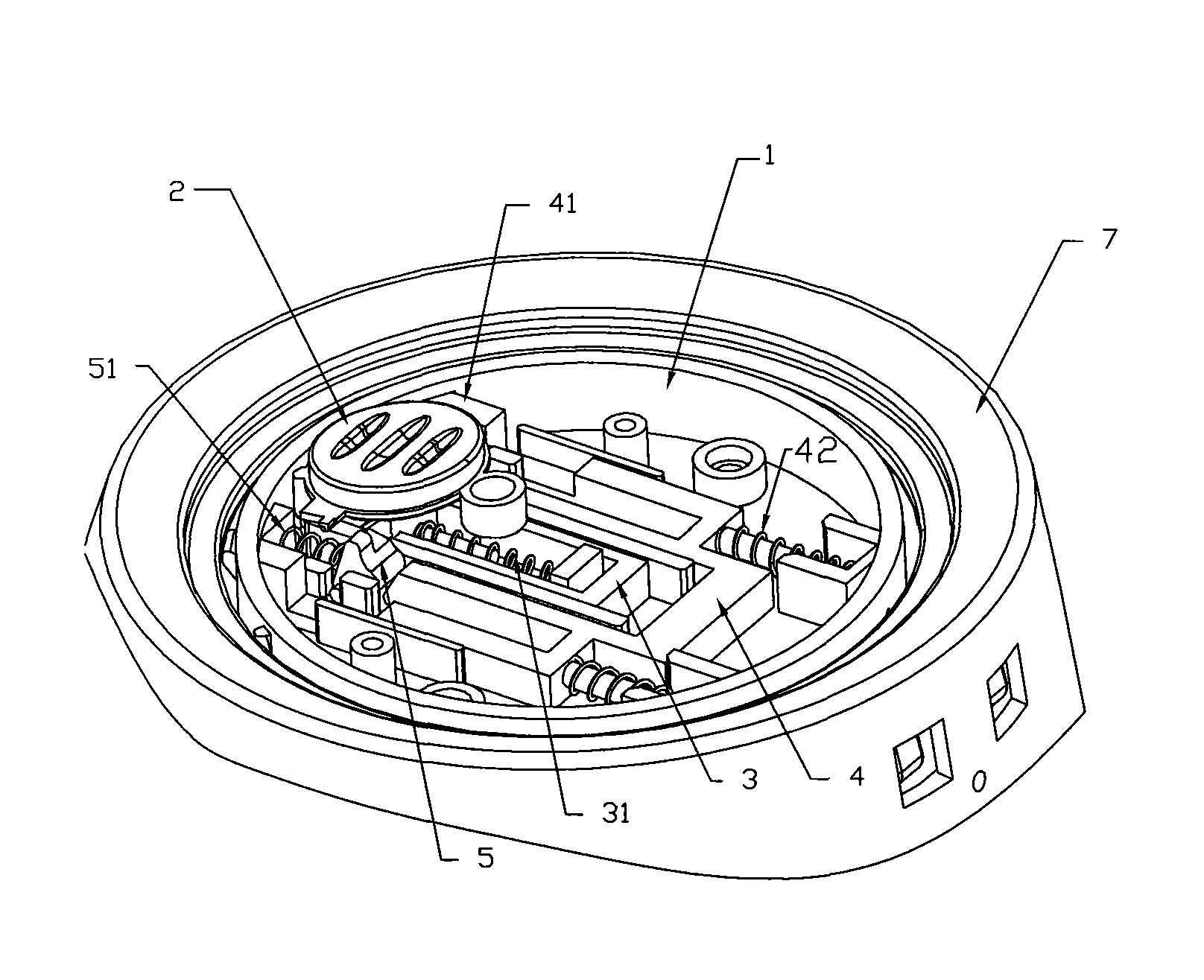 空腔中还增设了关盖限定装置,所述关盖限定装置包括u形双推杆结构的关