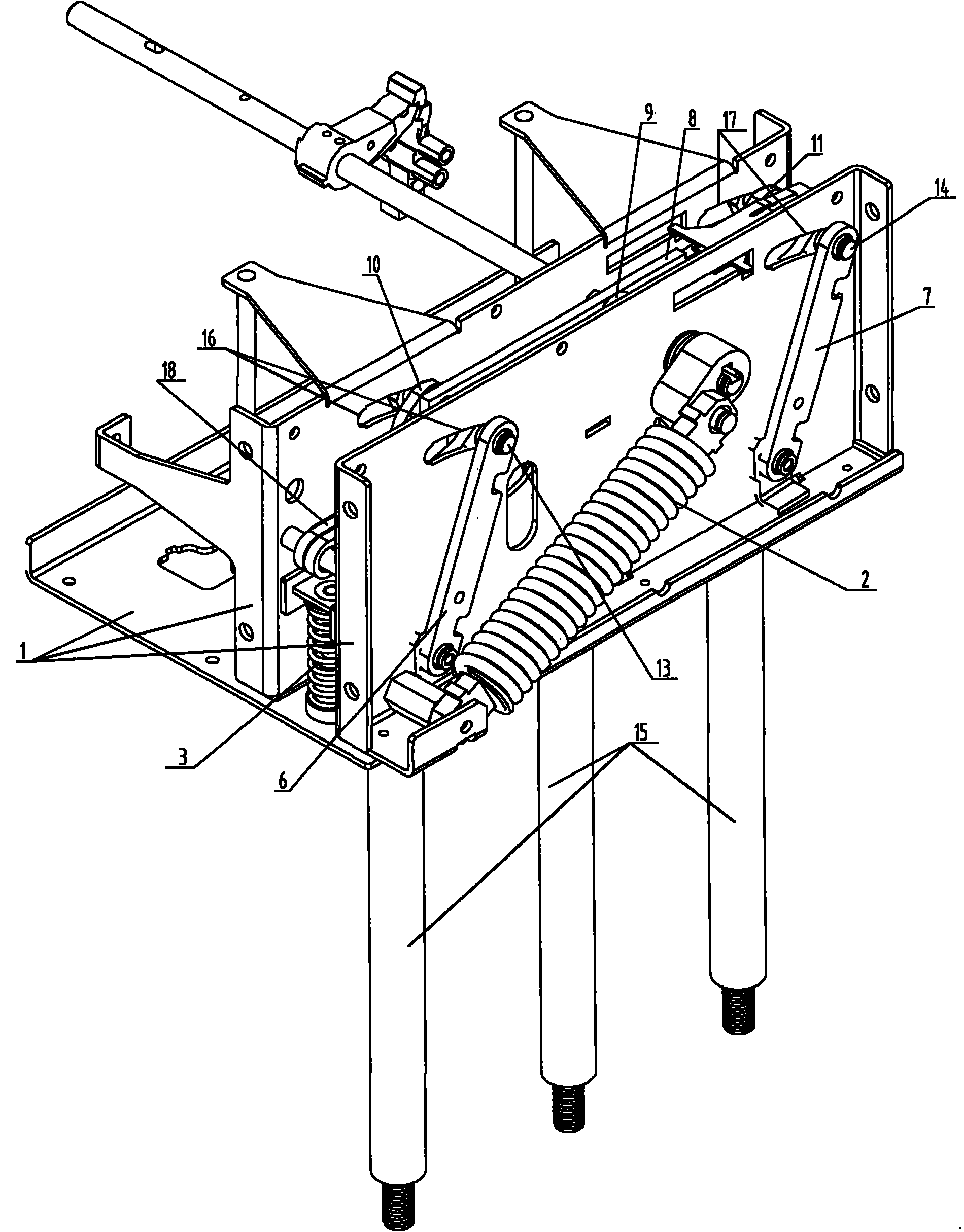 结构紧凑的弹簧操作机构,它包括作为机架的安装框架,蓄能弹簧,复位