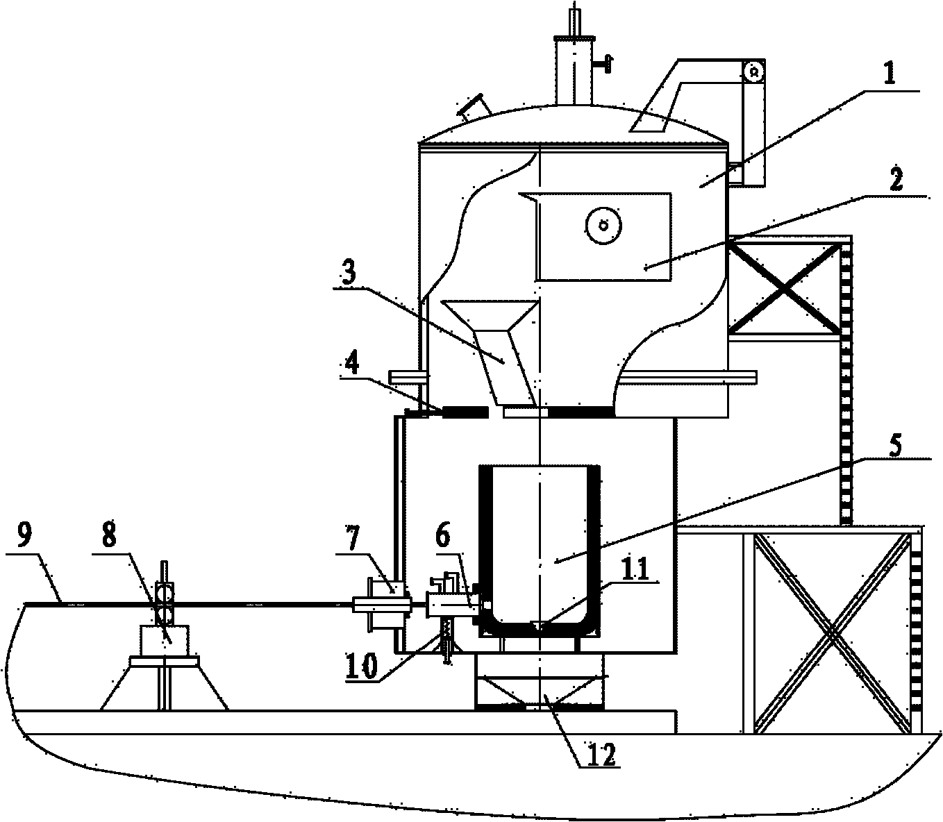 該裝置的熔煉爐(2),中間包(5)和結晶器(6)均設置在真空爐(1)內,高溫
