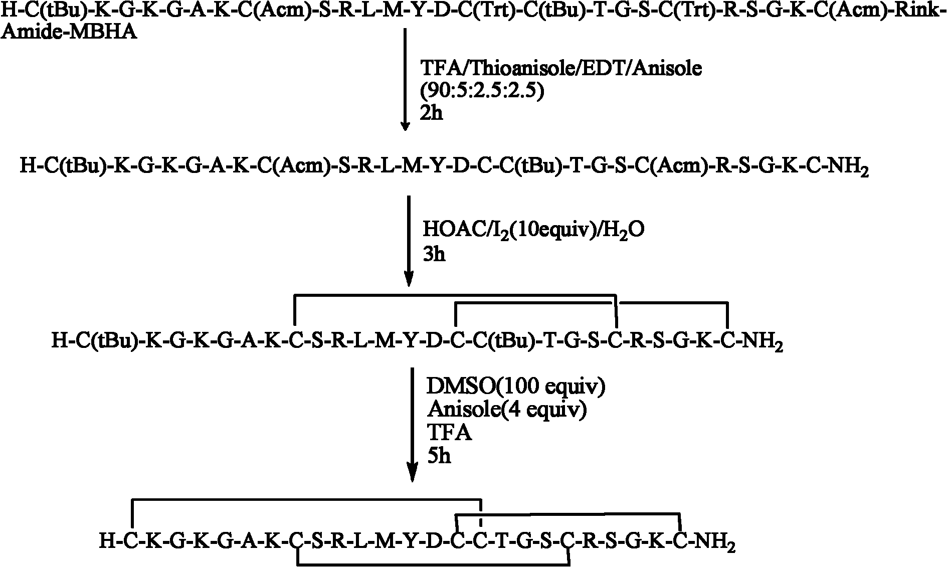 依次縮合反應連接25個保護的氨基酸,得到線性全保護肽樹脂,形成二硫鍵
