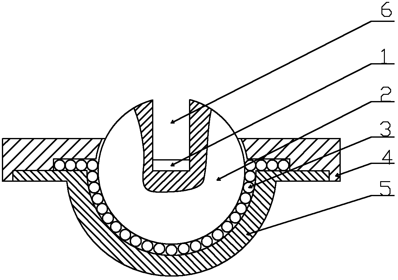 一种磁性球关节,其结构包括磁铁,球体,滚珠,托架和座体,所述的球体上