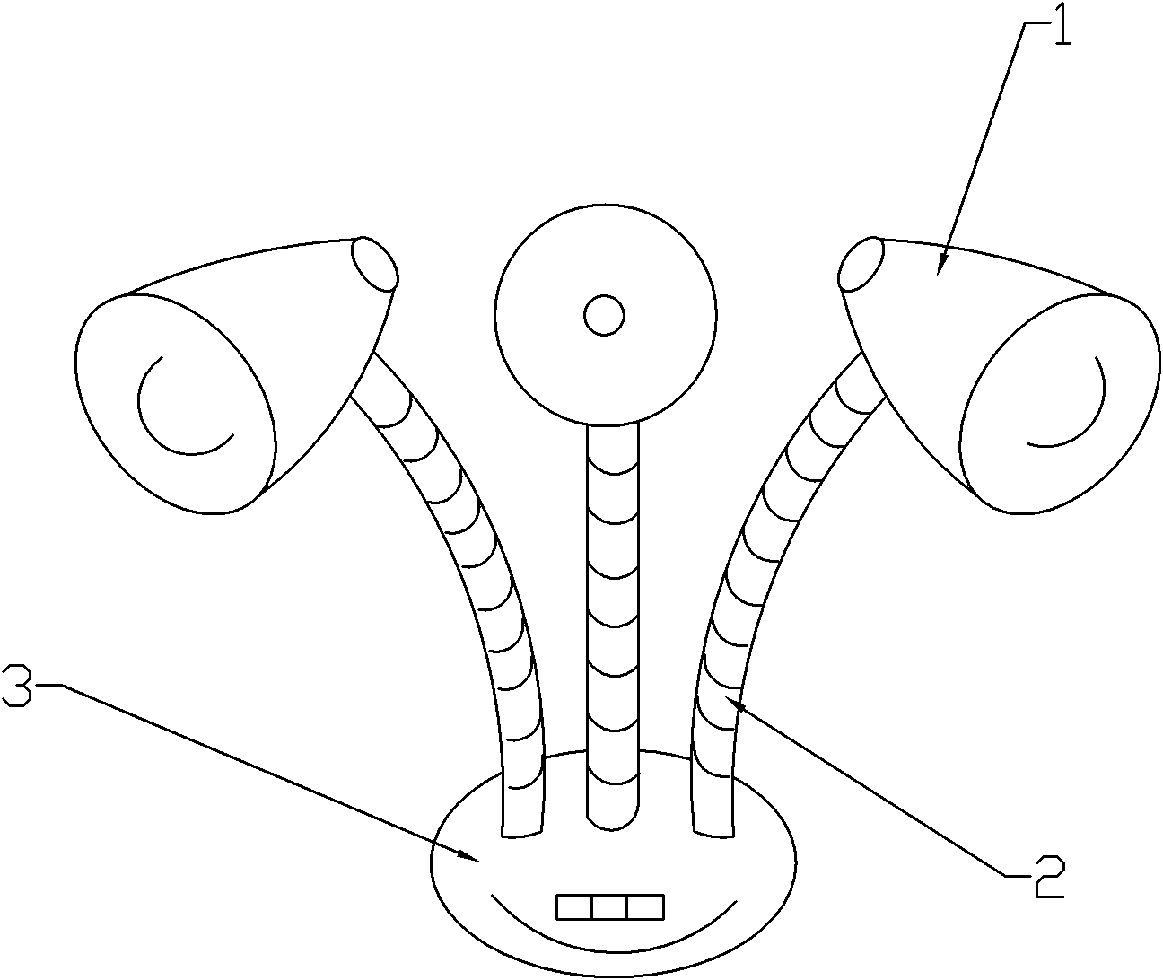 属于照明装置,主要解决普通台灯阴影面积大的问题,其结构包括底座,其