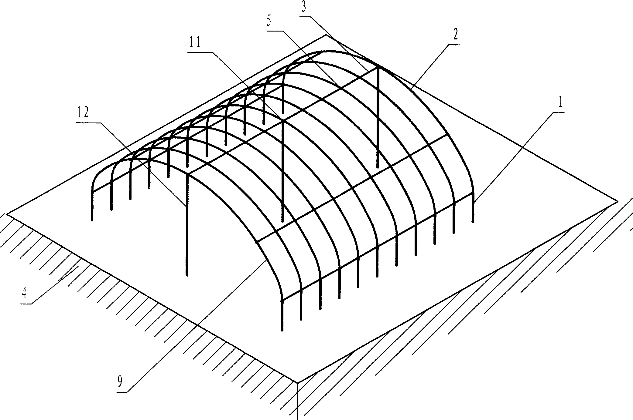 一种新型材质的大棚骨架结构,主要由位于大棚骨架两侧成排列状的立柱