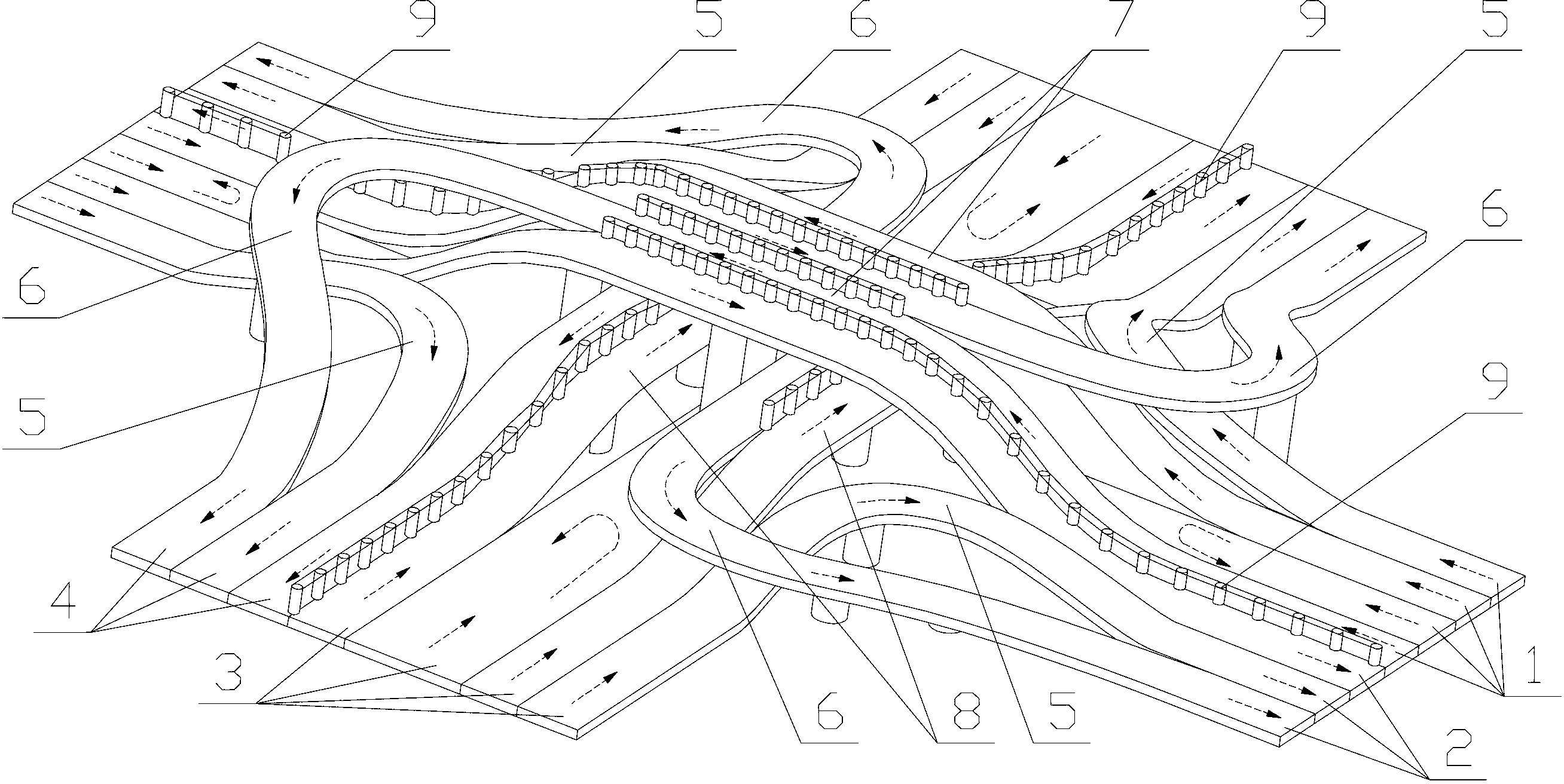 具有東西南北四個方向的道路,在交叉路口處架設有縱向和橫向高架橋