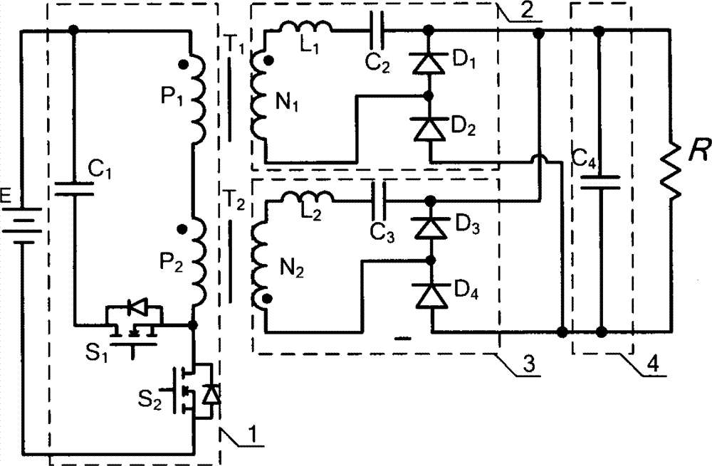 變壓器原邊串聯,副邊輸出並聯正反激倍壓整流變換器包括原邊輸入電路
