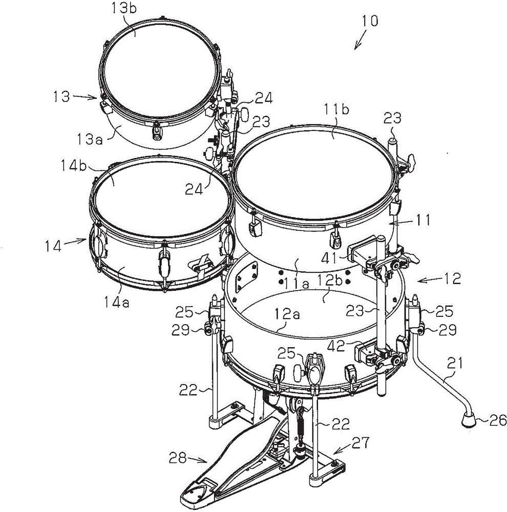 鼓系統(10)具有落地鼓(11),大鼓(12),嗵嗵鼓(13),軍鼓(14),腿部(21,22