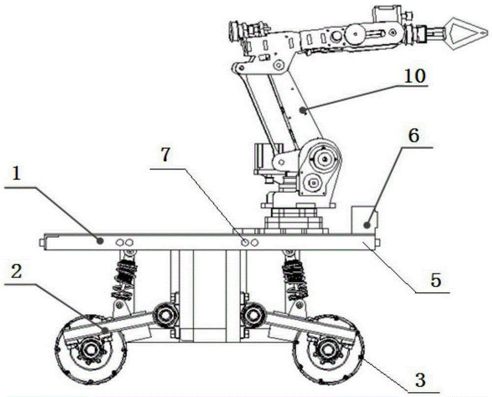 一种麦克纳姆轮全向移动搬运机器人,包括六自由度机械手,全向移动底盘