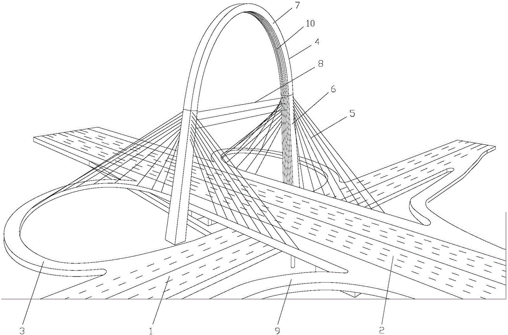 cn105755946a_拱形塔漸開曲面斜拉索主-匝道立交橋有效
