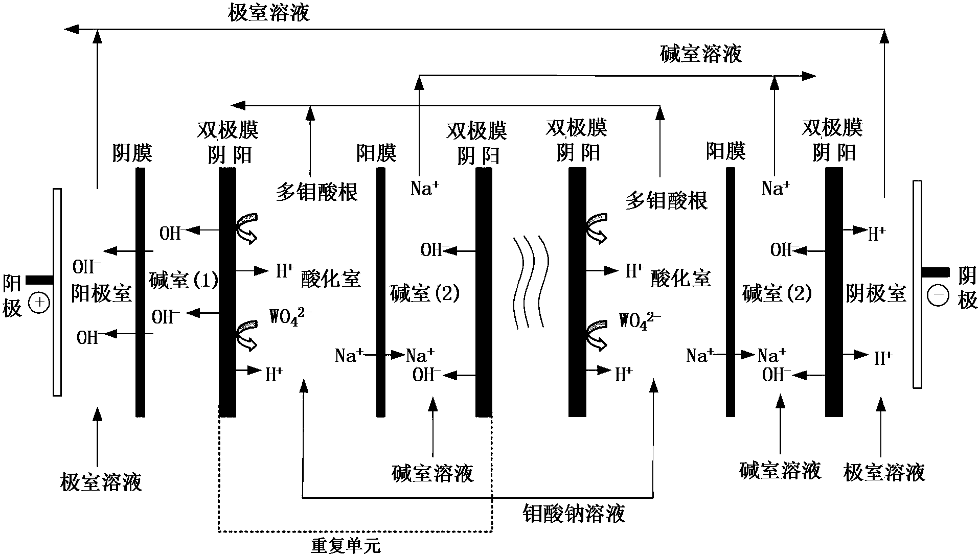 在直流電場力的作用下,經過雙極膜電滲析過程實現鉬酸鈉溶液中