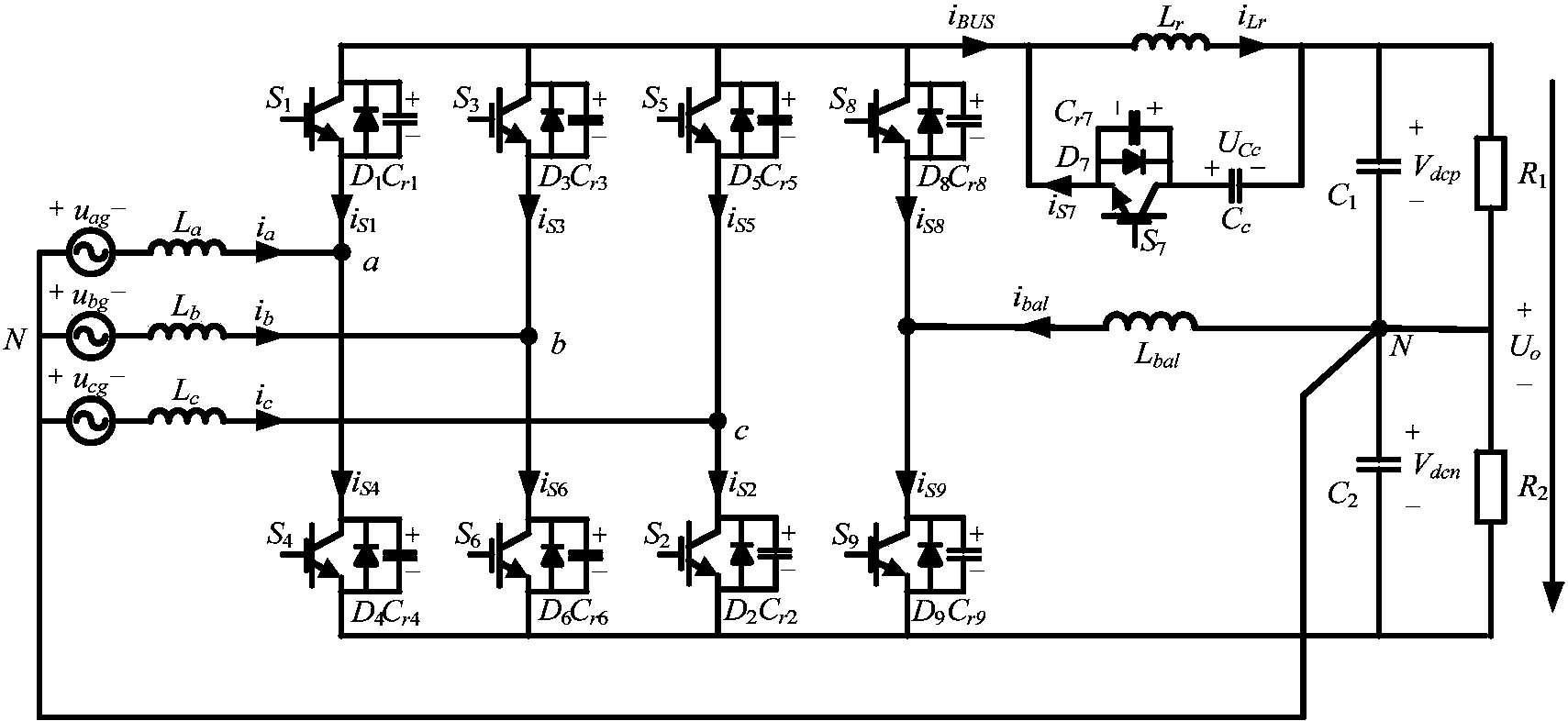 包括整流器電路的直流側負載,直流側串聯電容,交流側濾波電感,平衡橋