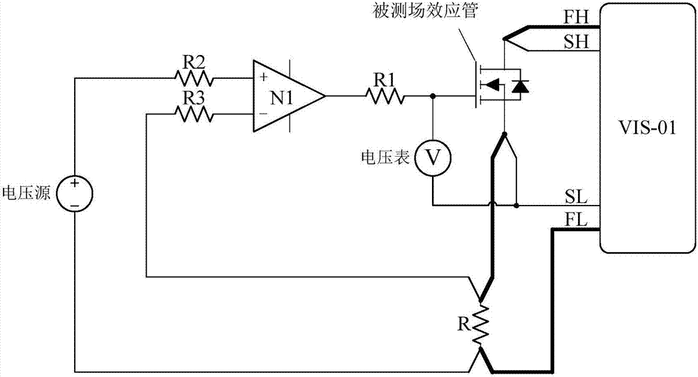 測場效應管的漏極,源極連接組成迴路,在所述迴路中串聯有電流採樣電阻