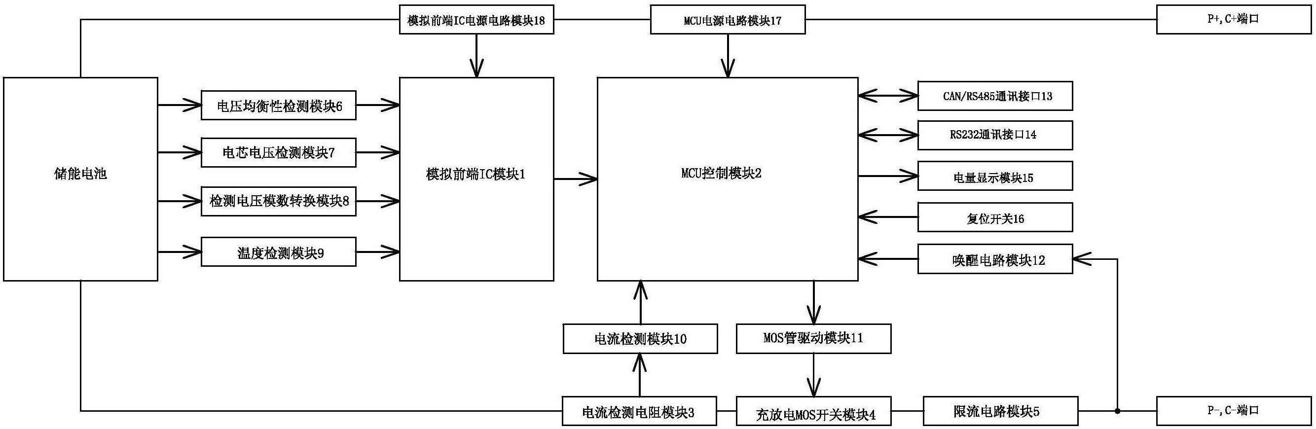 以及與儲能電池順次串聯連接的電流檢測電阻模塊,充放電mos開關模塊