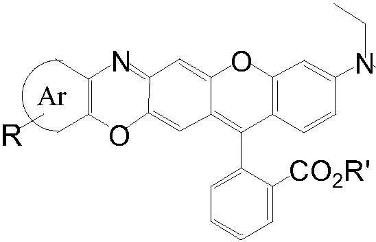 π62拓展的氧雜蒽染料,其發射波長位於深紅及近紅外區,結構通式如下