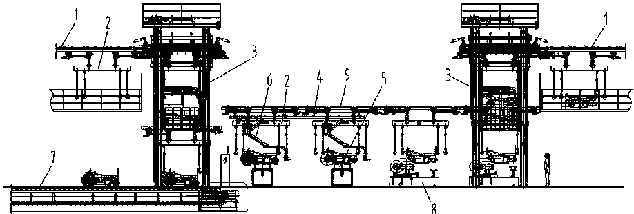 一种涂装积放链直接用于装配的多工位装配系统