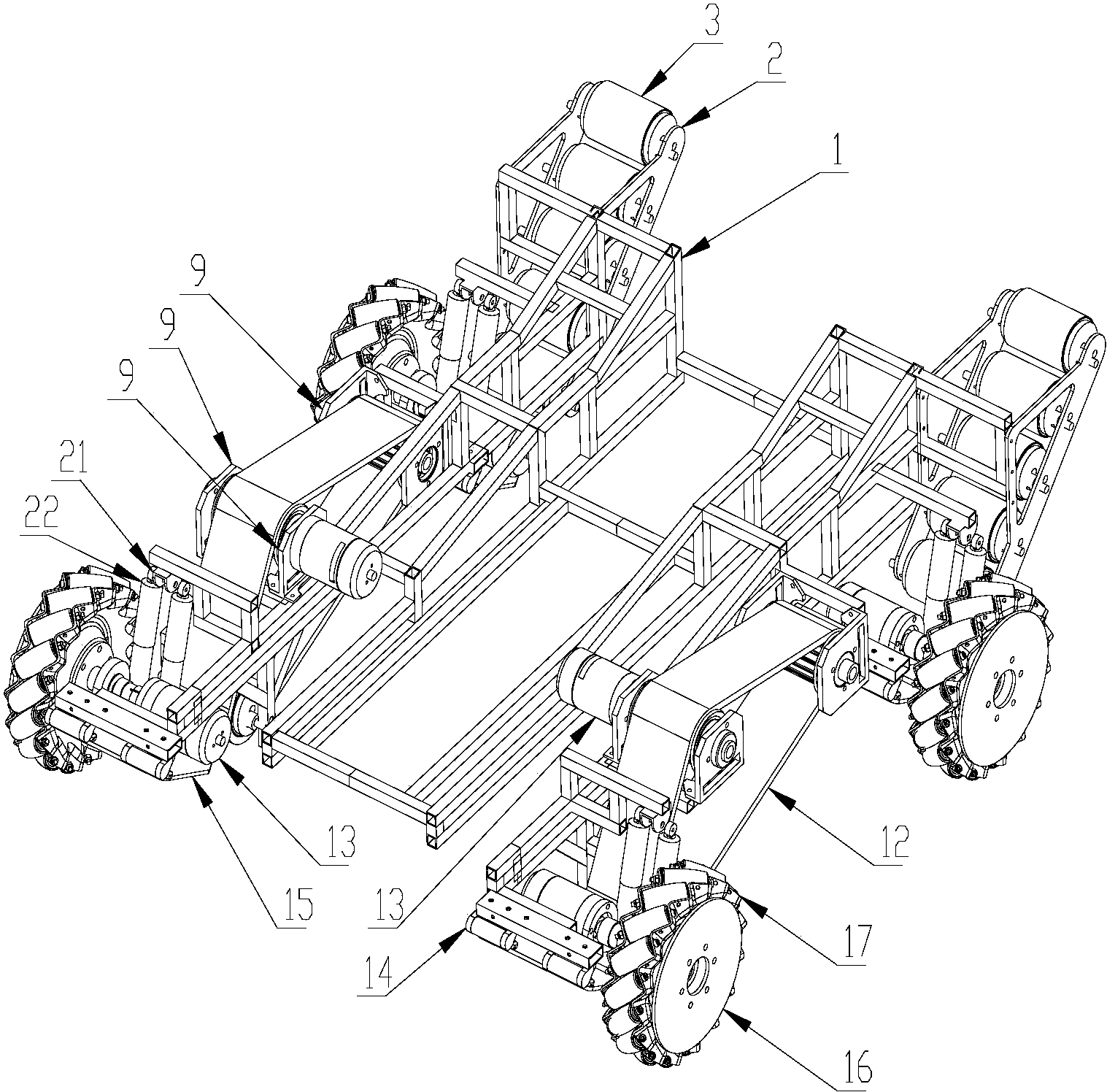 一种基于滚筒传送带和麦克纳姆轮的全向缓震底盘