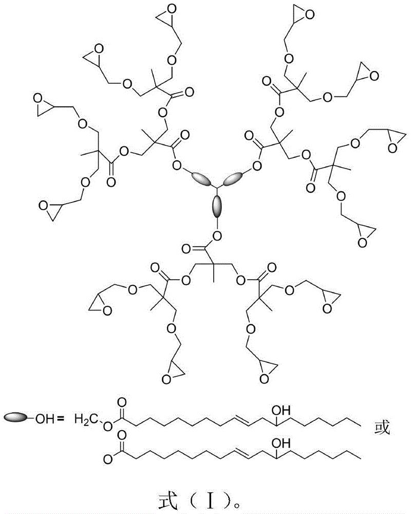 所述蓖麻油基超支化環氧樹脂為環氧化的麻油基超支化聚酯,其結構式如