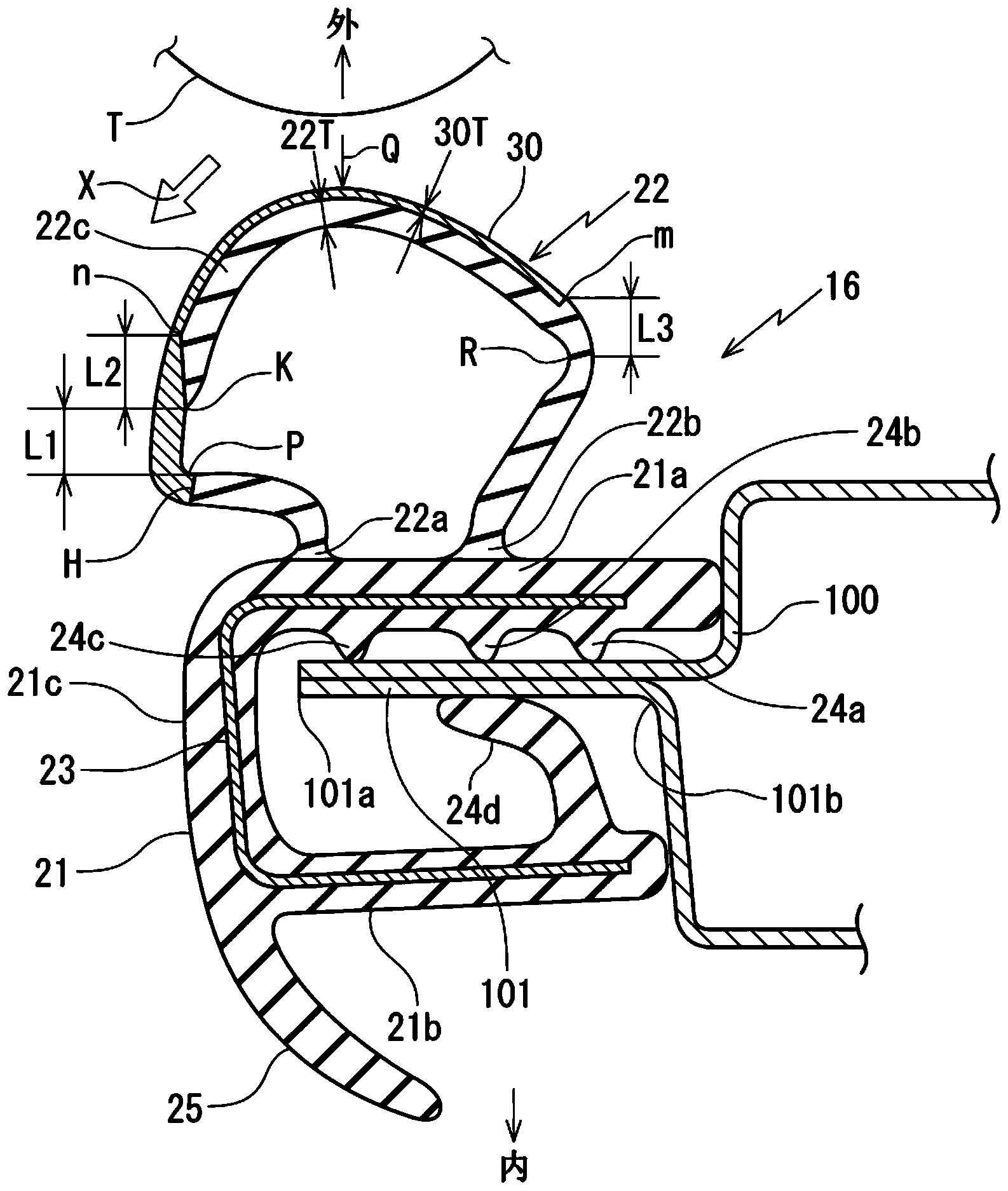 该汽车用密封条具有:在汽车车身侧安装的安装基部;第一,第二根部被