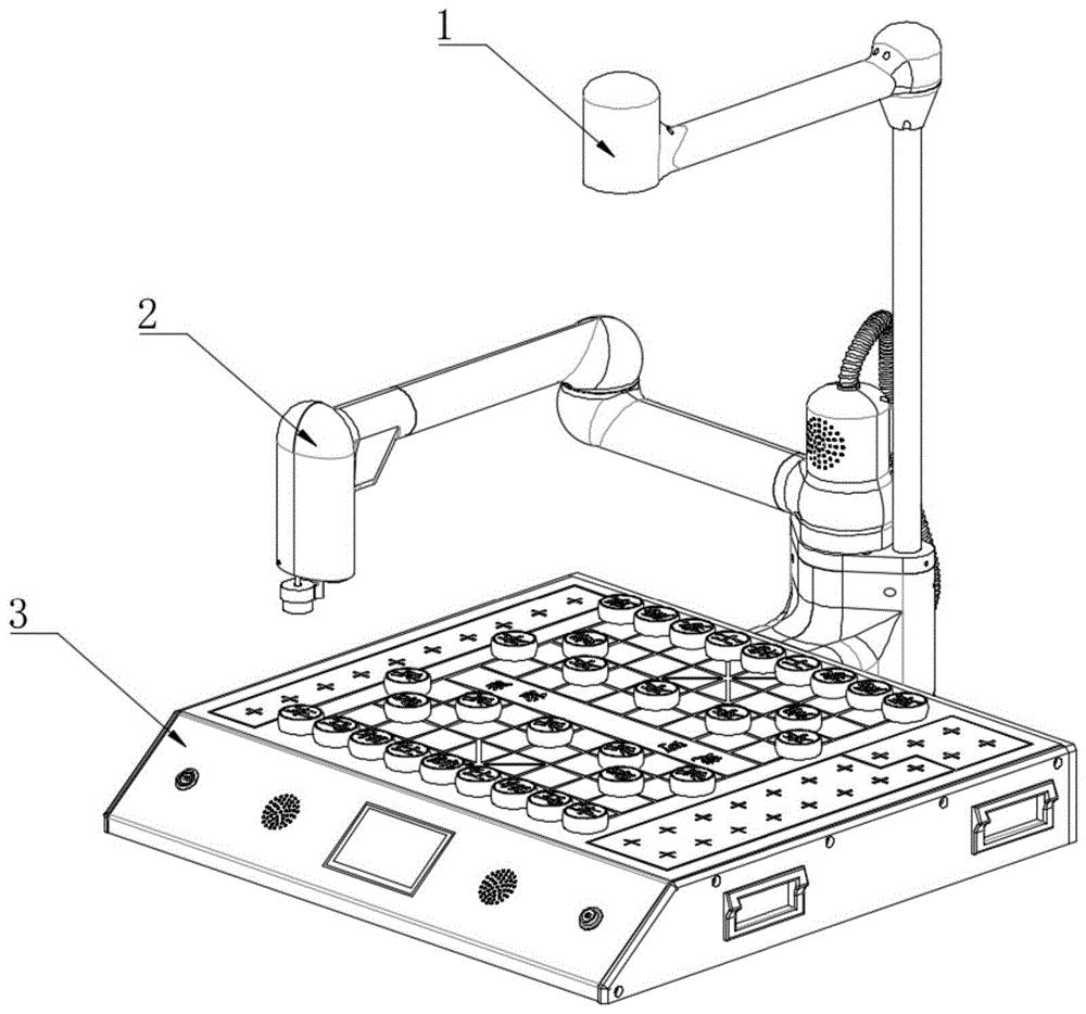 本發明公開了一種象棋機器人,包括棋盤座,機械臂和視覺組件;所述棋盤