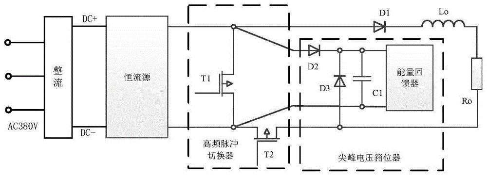 電路包括三相整流電路,恆流源,高頻脈衝切換器和尖峰電壓箝位器;其中