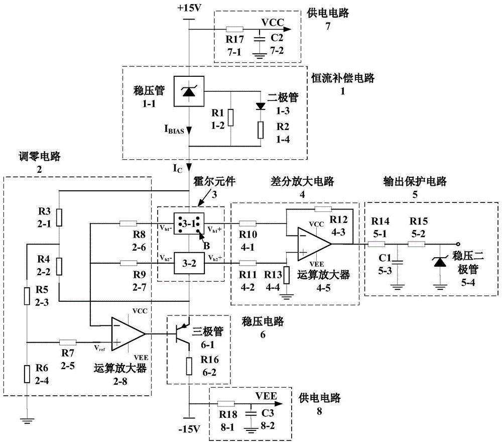 調零電路(2),霍爾元件模塊(3),差分放大電路(4),輸出保護電路(5),穩壓