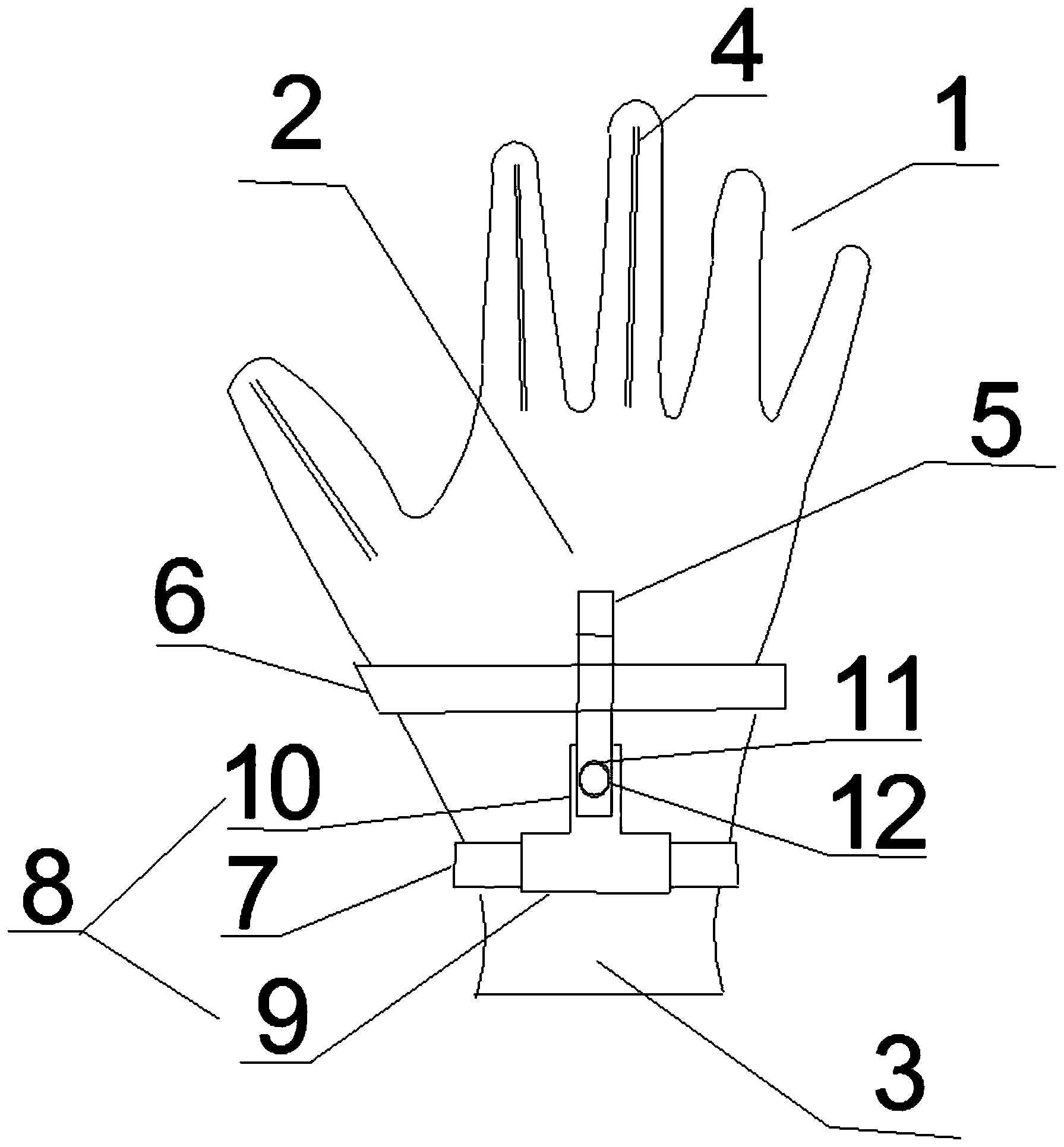 该手套是在常规手套体上通过设置安全钩,卡扣件,控制带和安全带结构