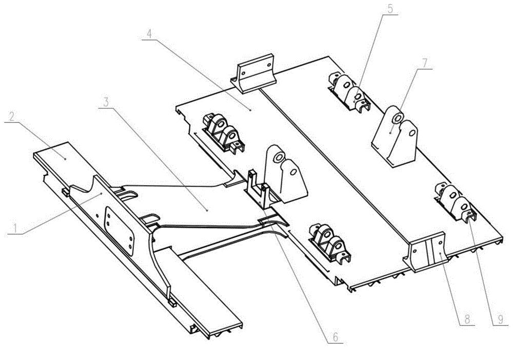 悬挂式单轨列车的牵枕缓结构,包括车钩安装座板,牵引梁,缓冲梁和枕梁