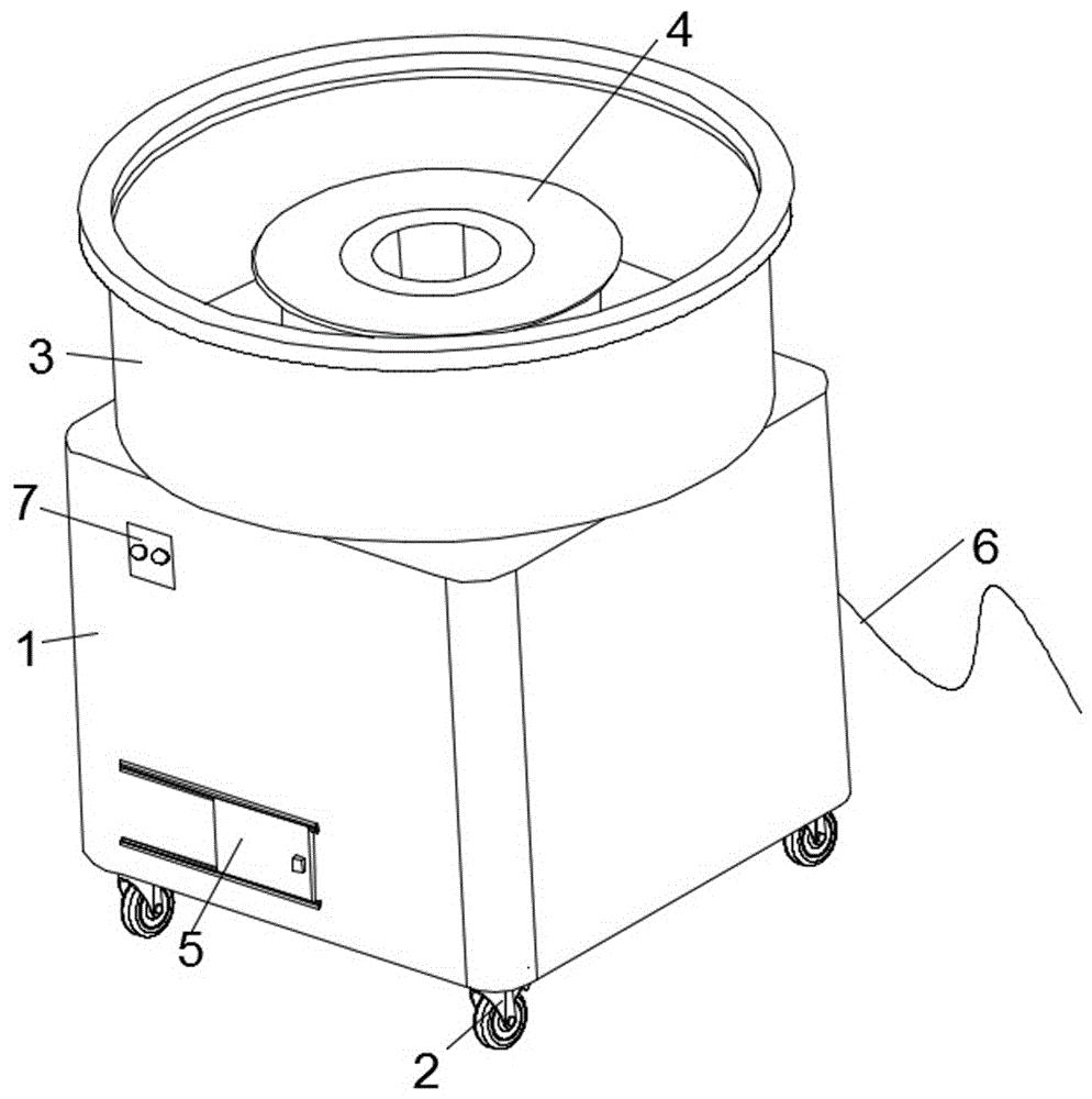 本发明公开了一种基于电磁加热的棉花糖机,其结构包括箱体,车轮,罩体