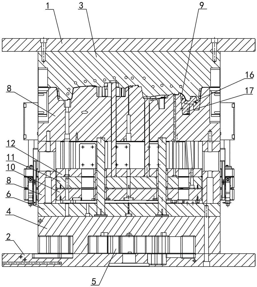 汽车门板装饰件注塑模具零断差顶块机构,包括定模复板和定模板,动模复