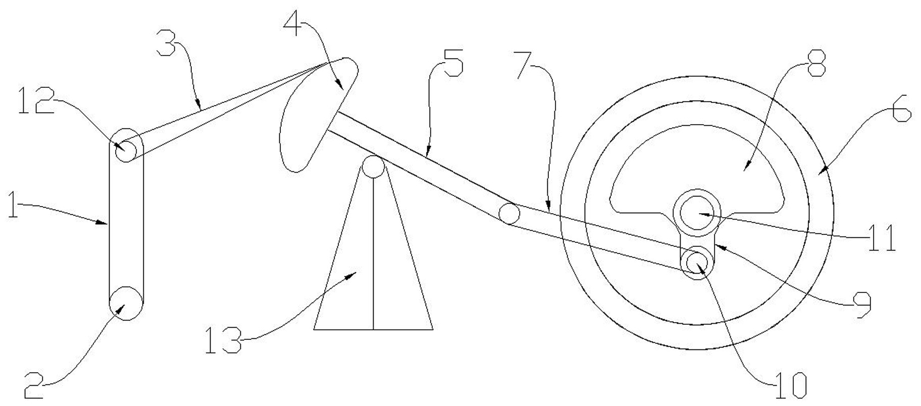 钢丝绳,摇摆头,摇梁,连杆,半圆形转子,机架;其工作原理是:海浪从左侧