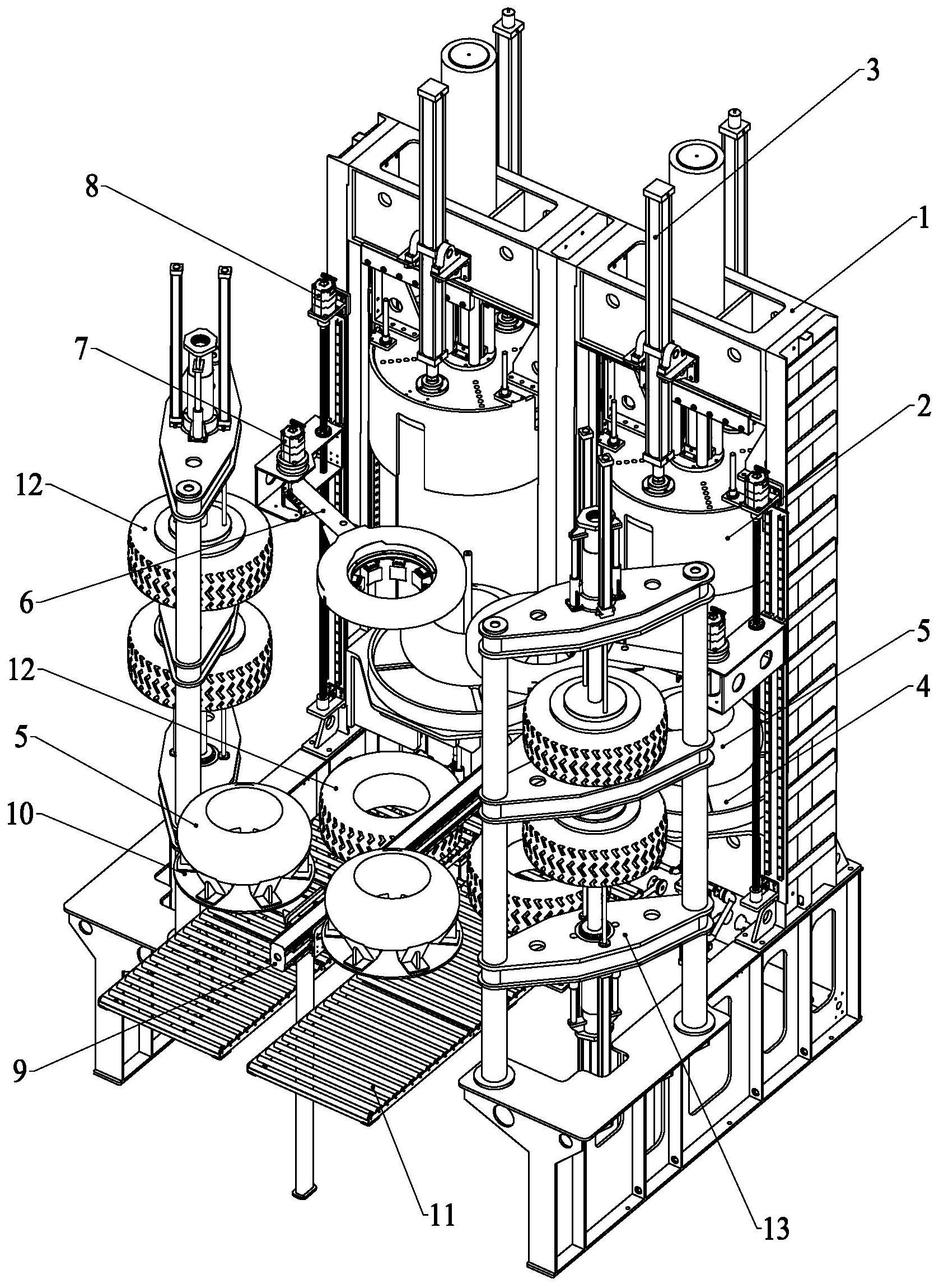 种后进出式轮胎硫化机,为具有二个硫化工位并排设置的双模硫化机结构