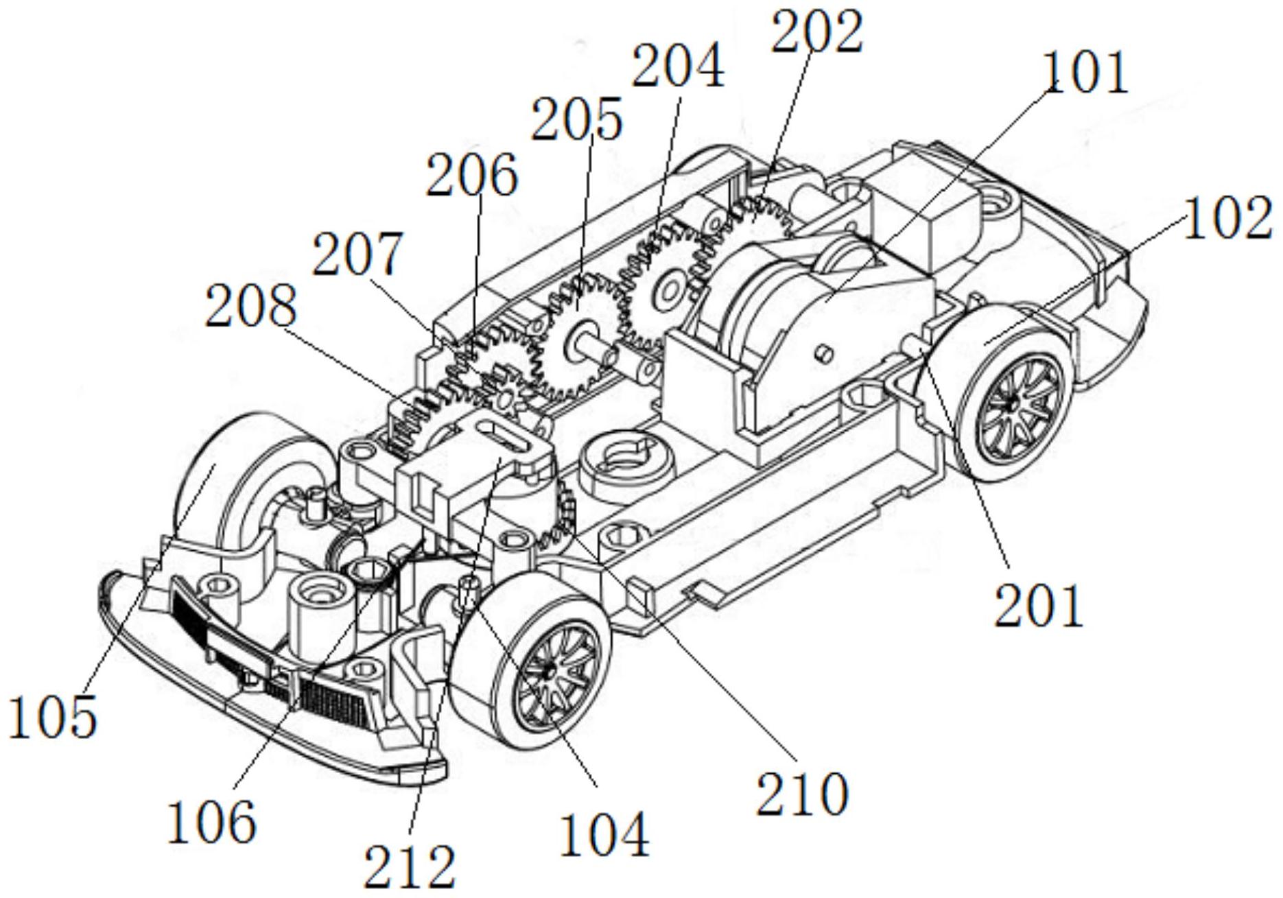 包括玩具车本体,所述玩具车本体包括驱动牙箱,后驱动轮,驱动齿轮,前