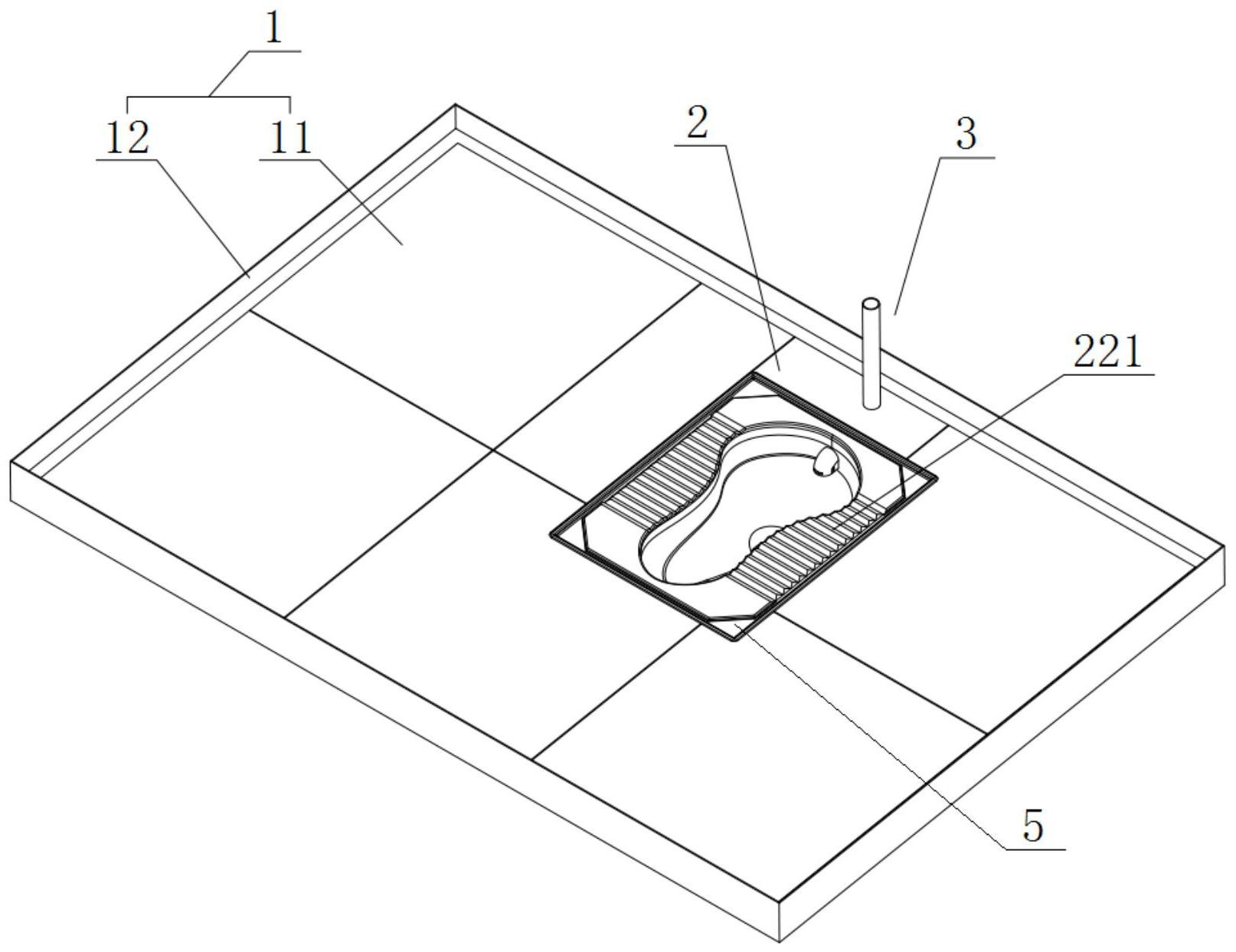 涉及一种蹲厕结构及其组装方法,包括底盘和设于所述底盘上的蹲便器,所