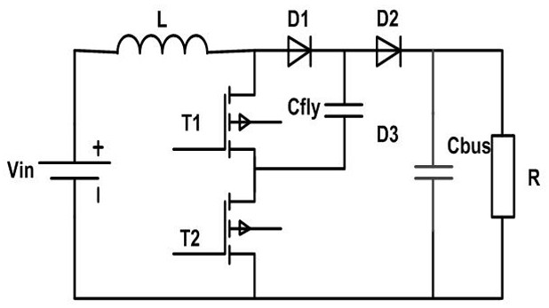 本發明公開了一種飛跨電容三電平boost電路,包括二極管d1,電感l1,電容