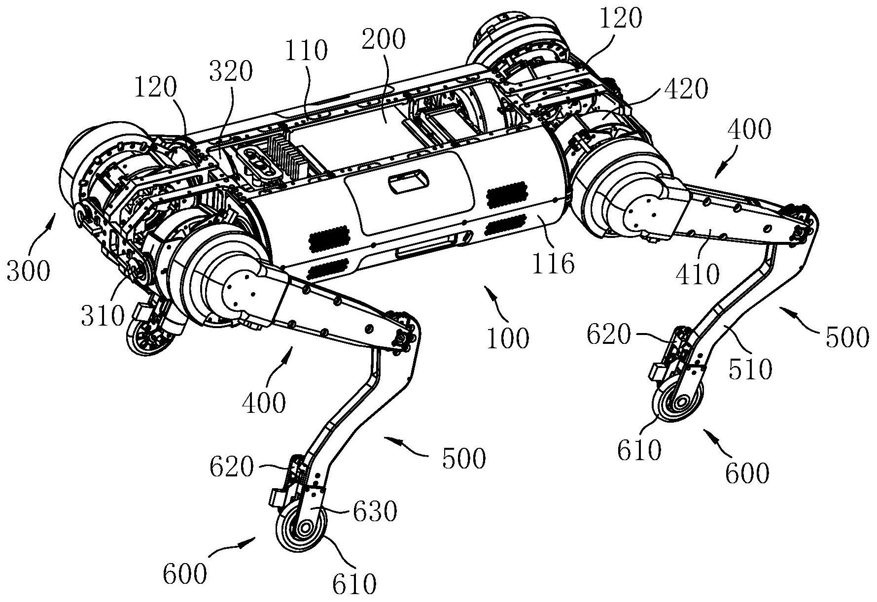 了一种四足机器人,包括机身,供能结构,髋部,大腿部,小腿部与行走部